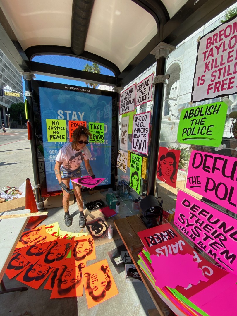 Protest signs and stencils painted at LA City Hall